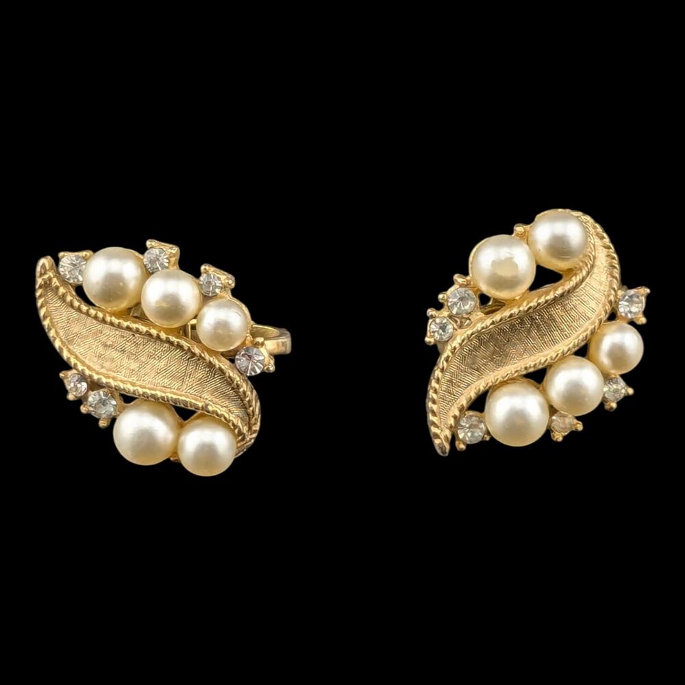 1960s Crown Trifari Faux Pearl Clip Earrings